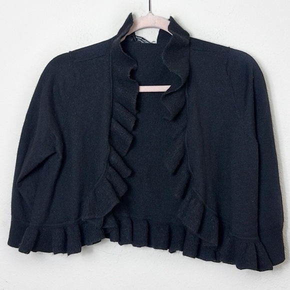 DVF Diane von Furstenberg Wool Blend Black Ruffle Cropped Cardigan Sweater Large - Picture 8 of 8